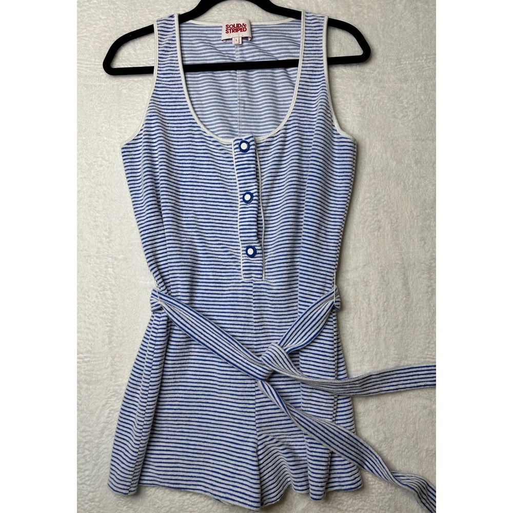 Solid & Striped Romper Womens L Blue White Striped Terry Cloth Belted